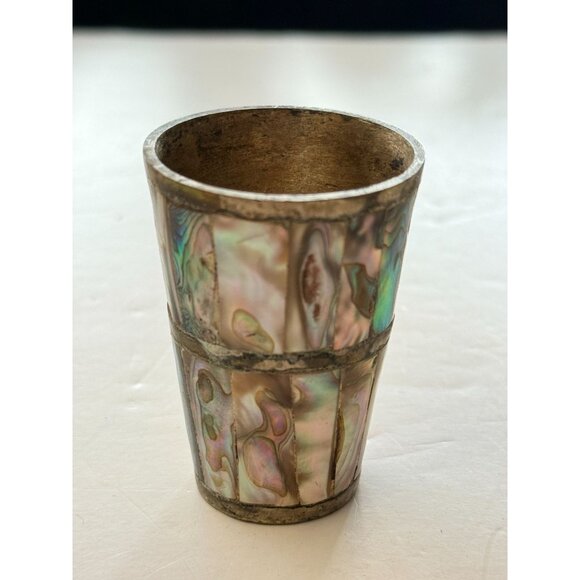 Vintage Mother Of Pearl Abalone Brass Shot Glass Ed Laton - Picture 7 of 10
